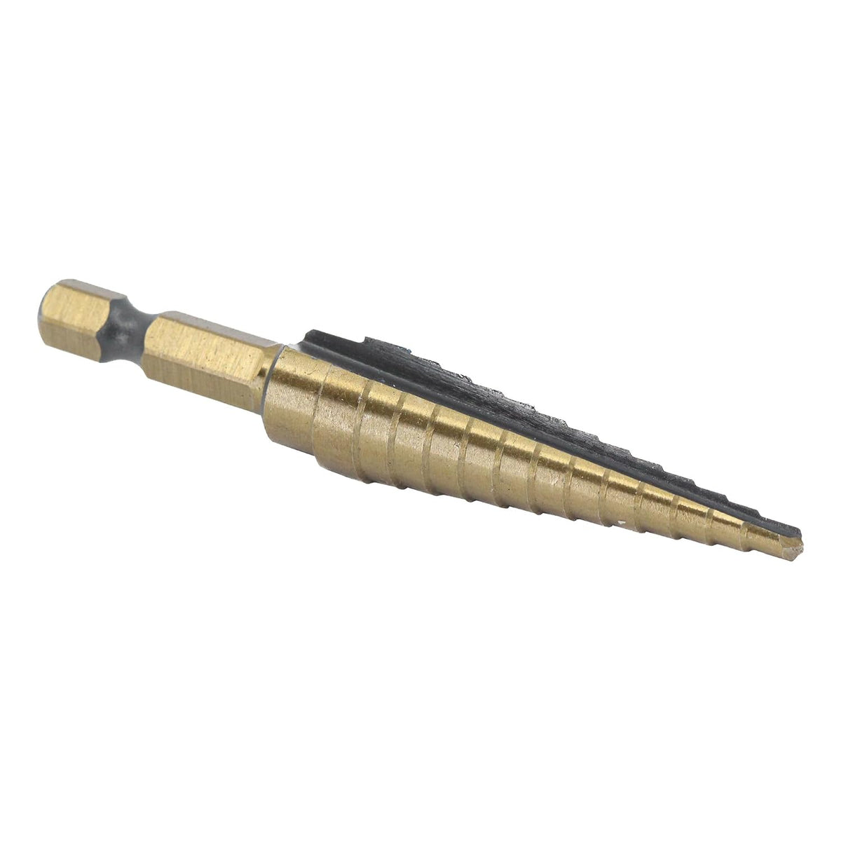 Drill America #1 HSS Black & Gold Step Drill Bit with Quick Change Hex Shank (1/8"- 1/2 by 1/32")