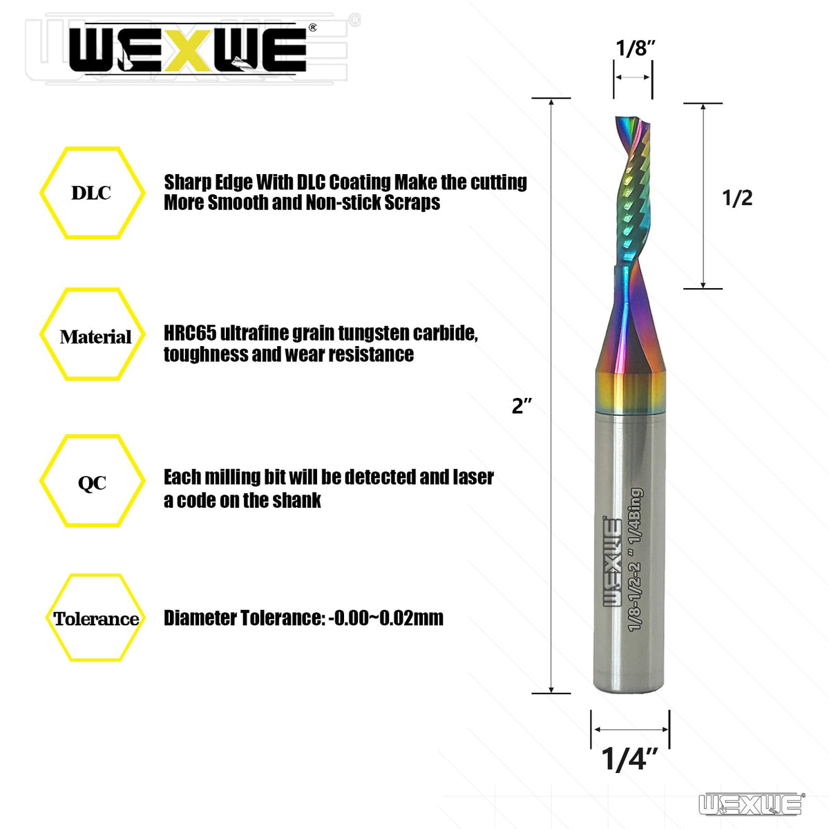 WEXWE Tools Solid Carbide CNC Spiral Single Flute End Mill - for Acrylic Plate Aluminum, Wood, Plastic, Brass, Copper Cutting - 1/8 Diameter 1/4" Shank 2" Length,1 Flute (1/8-1/2-2 1/4 2PCS)