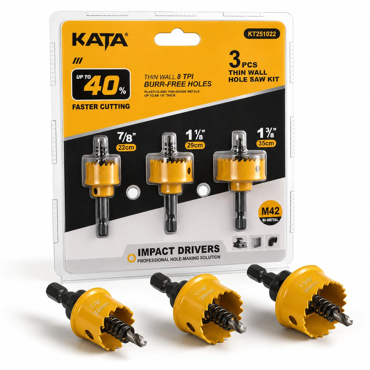 KATA 3-Piece M42 Thin Wall Hole Saw Kit Hole Saw Set for Impact Drivers