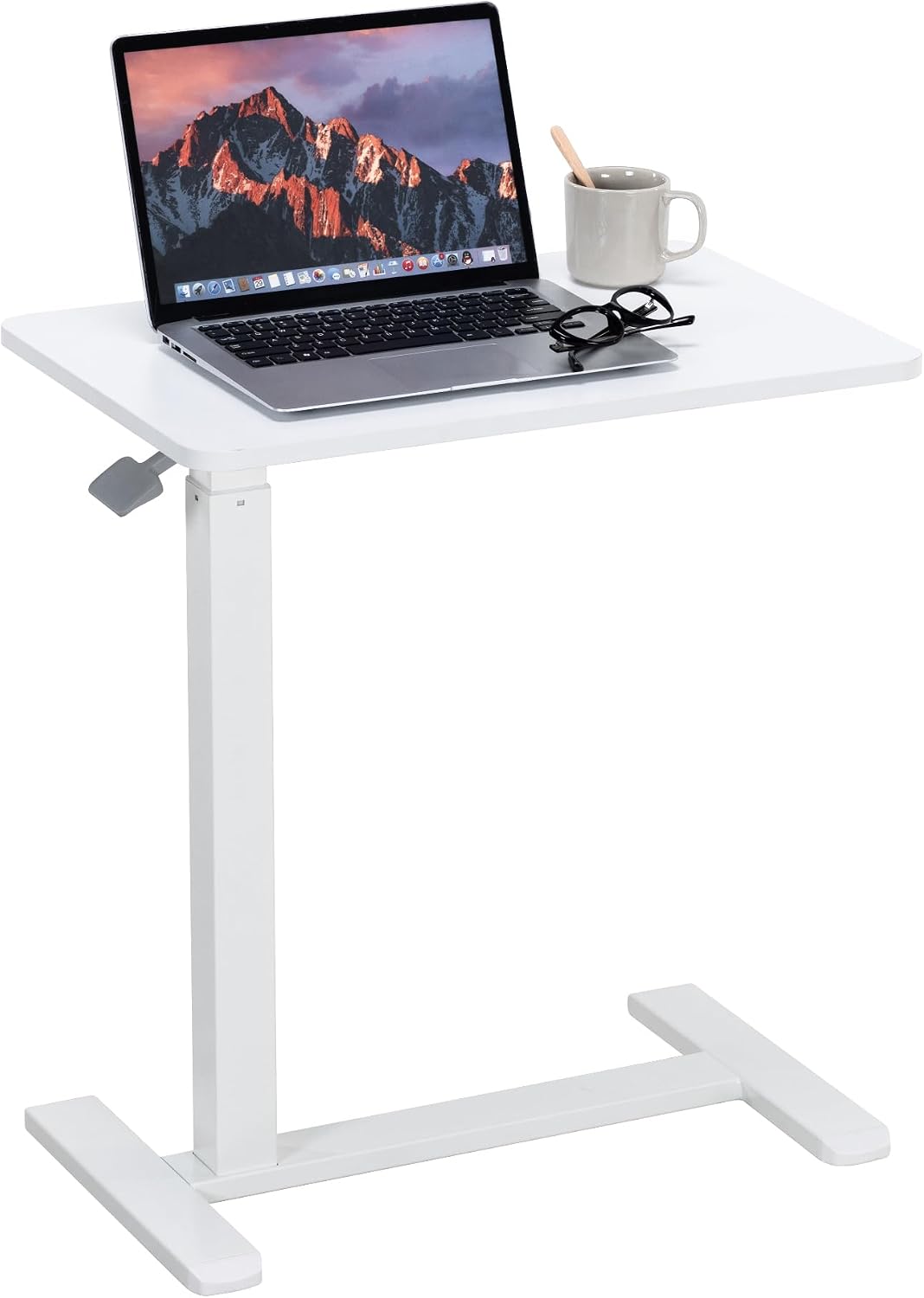 Overbed Table with Pneumatic Height Adjustment, Hidden Casters Rolling Bedside Table, Hospital Bed Table Mobile