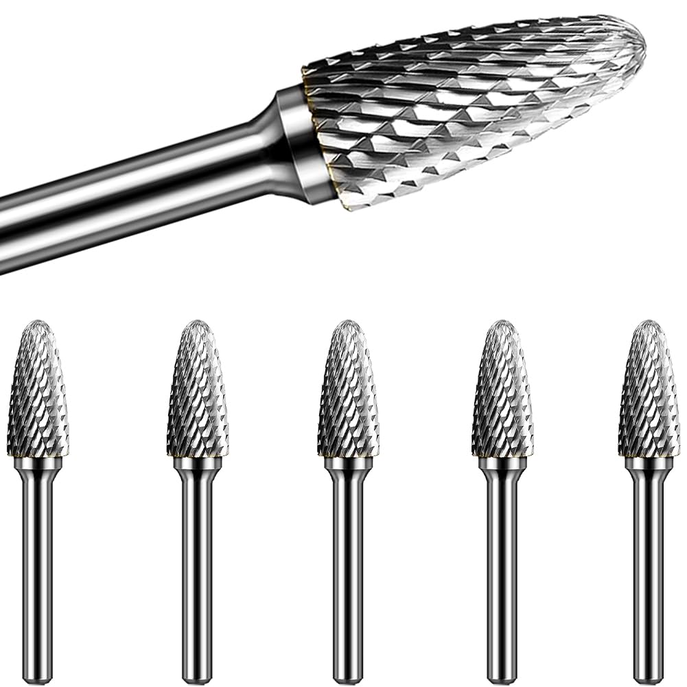 KOTVTM SF-5 Tungsten Carbide Burr Set Double Cut Rotary Burrs File(1/2” Cutter Dia X 1”Cutter Length) with 1/4'' (6.35mm) Shank for Die Grinder Drill Bits (Pack of 5)…