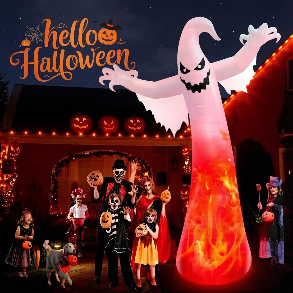 11.8FT Giant Halloween Inflatables Ghost with 3-Colored Flame Rotation LED Lights, Huge Spooky Halloween Decoration