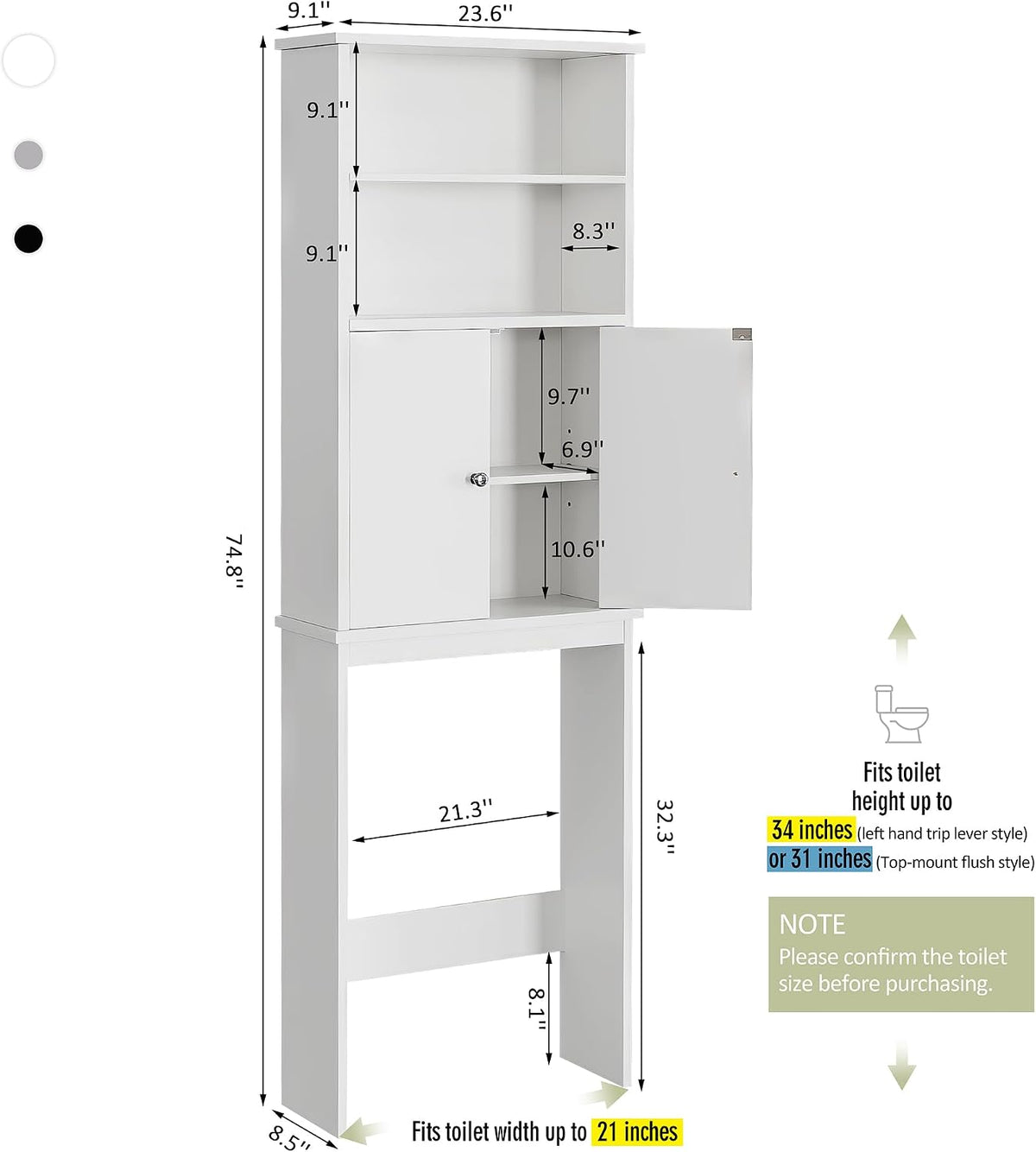 Over the Toilet Storage Cabinet for Bathroom, Extra Tall Over Toilet Storage, Space Saver W/Adjustable Shelf & Open
