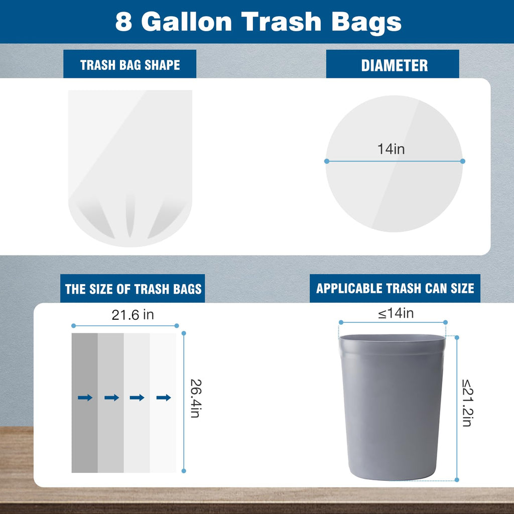 8 Gallon Trash Bags, 50 Count Medium Garbage Bags