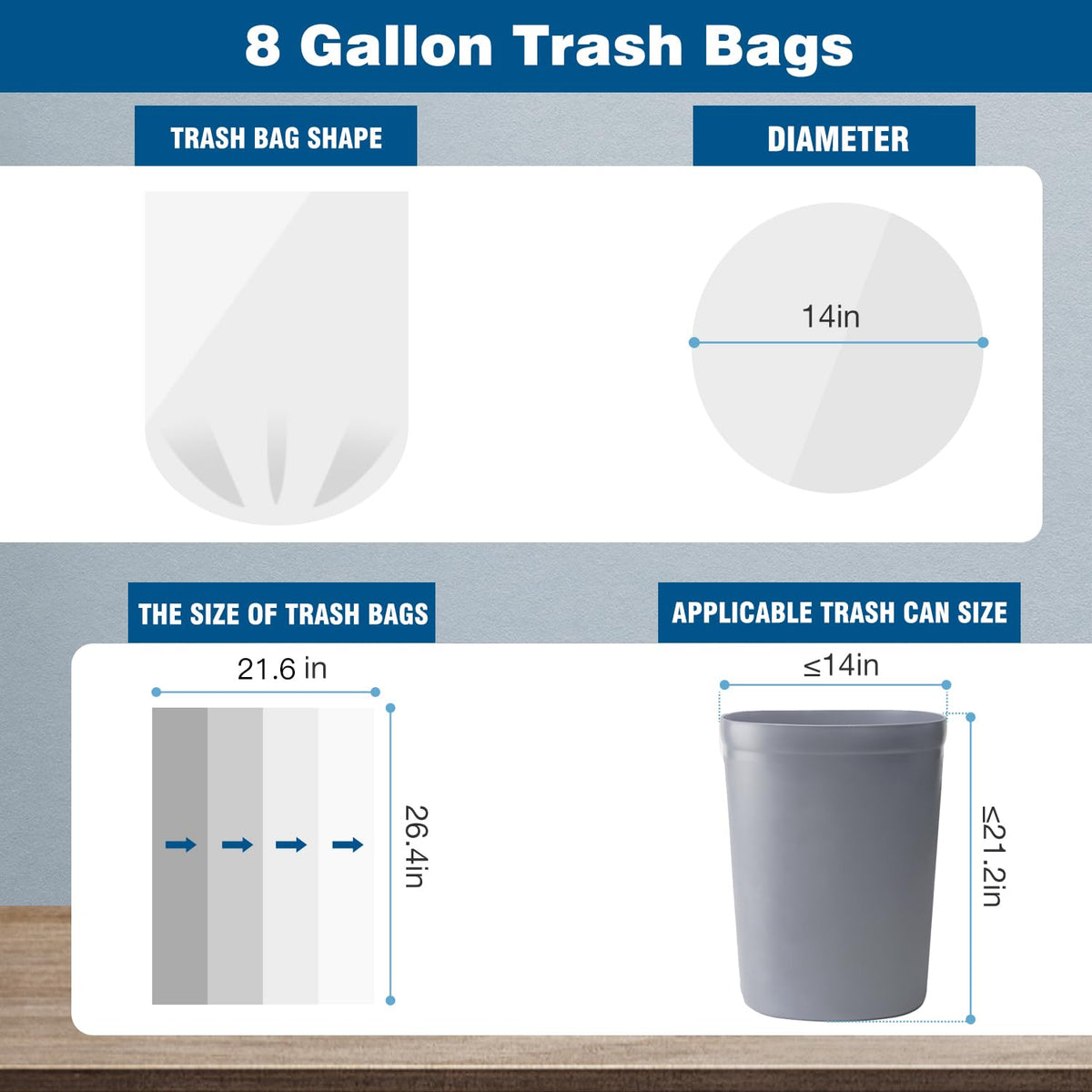 8 Gallon Trash Bags, 50 Count Medium Garbage Bags