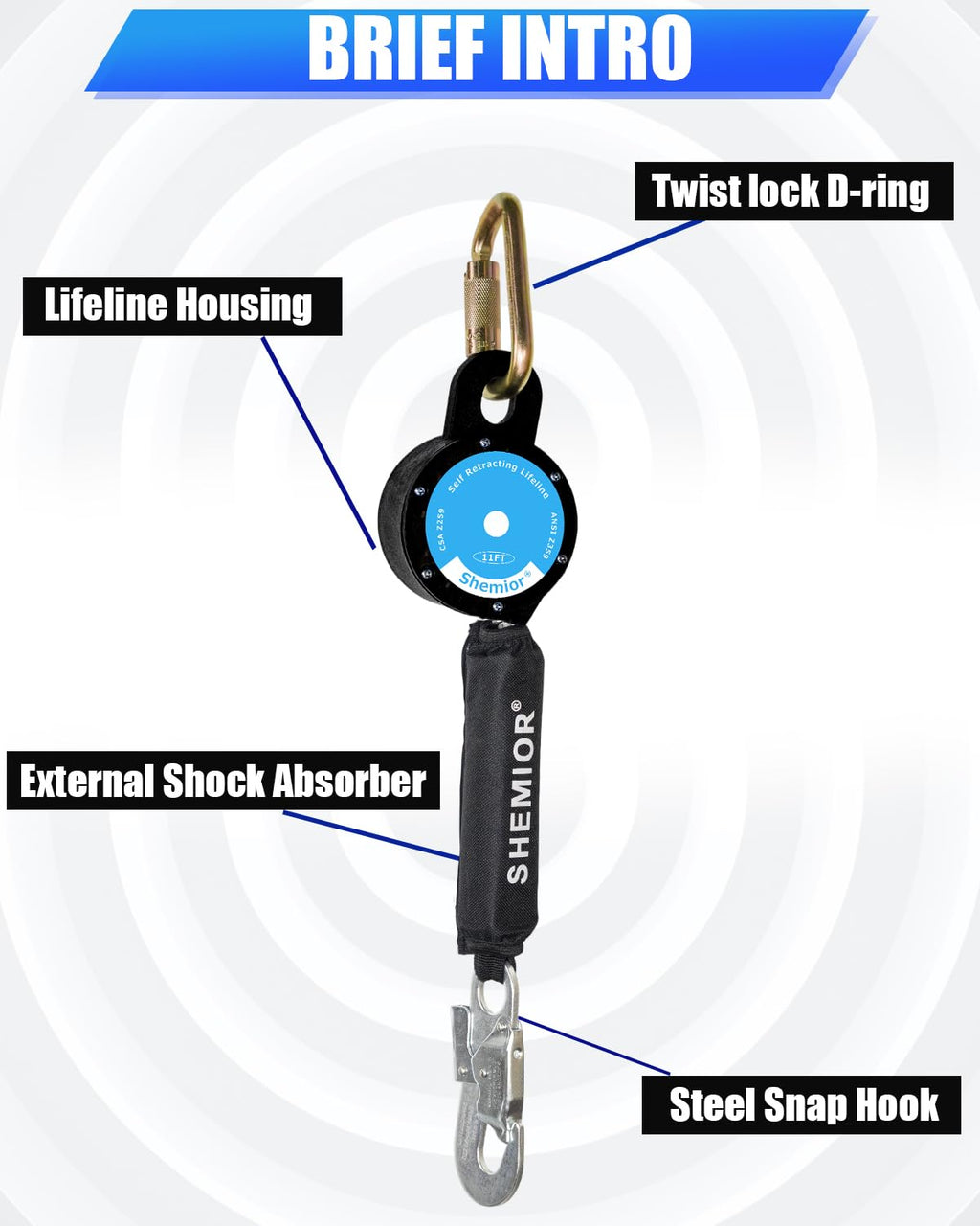 11FT Self Retracting Lifeline, Web SRL, Retractable Safety Lanyard