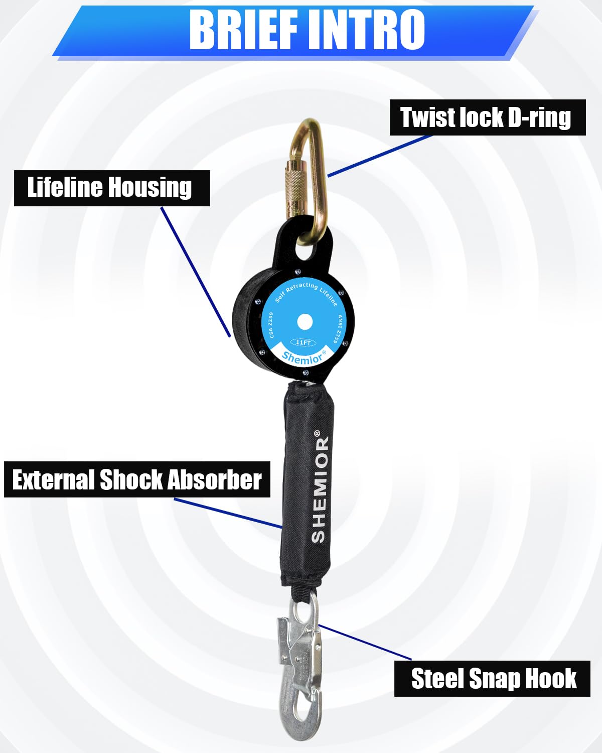 11FT Self Retracting Lifeline, Web SRL, Retractable Safety Lanyard