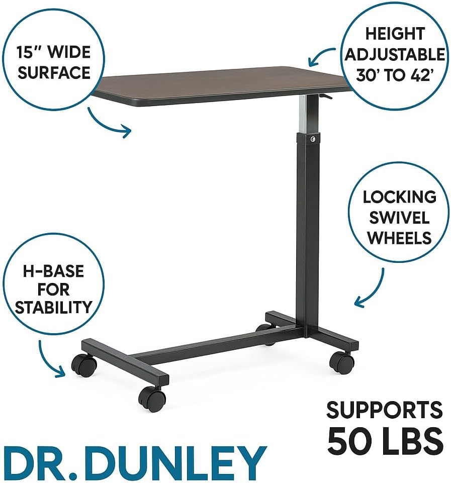 Adjustable Overbed Table on Wheels – Height Adjustable from 30” to 42” – H-Base Rolling Bedside Table for Home