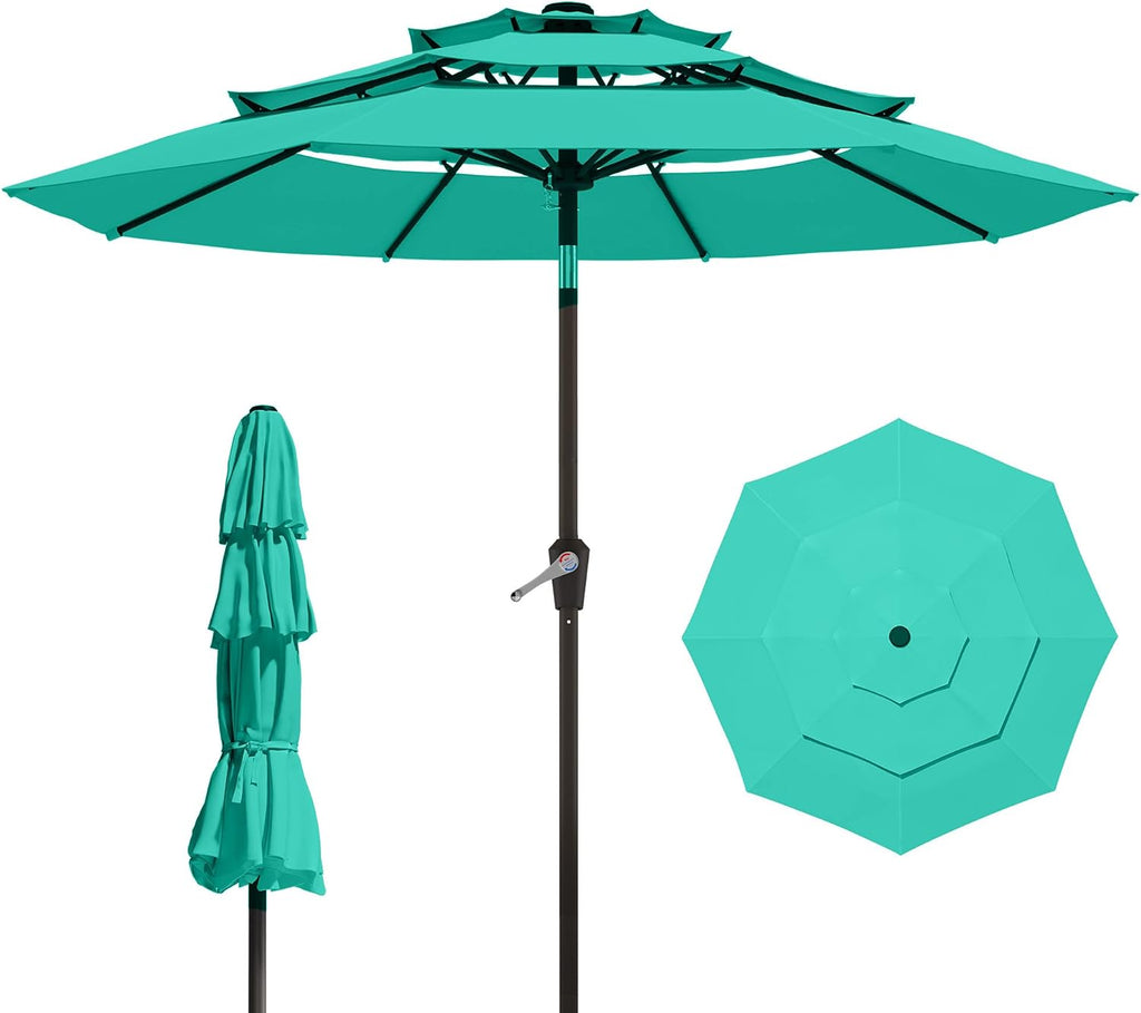 9FT 3 Tiers Patio Umbrella With Auto Tilt And Crank, Outdoor Table Market Umbrella with 8 Sturdy Ribs for Garden