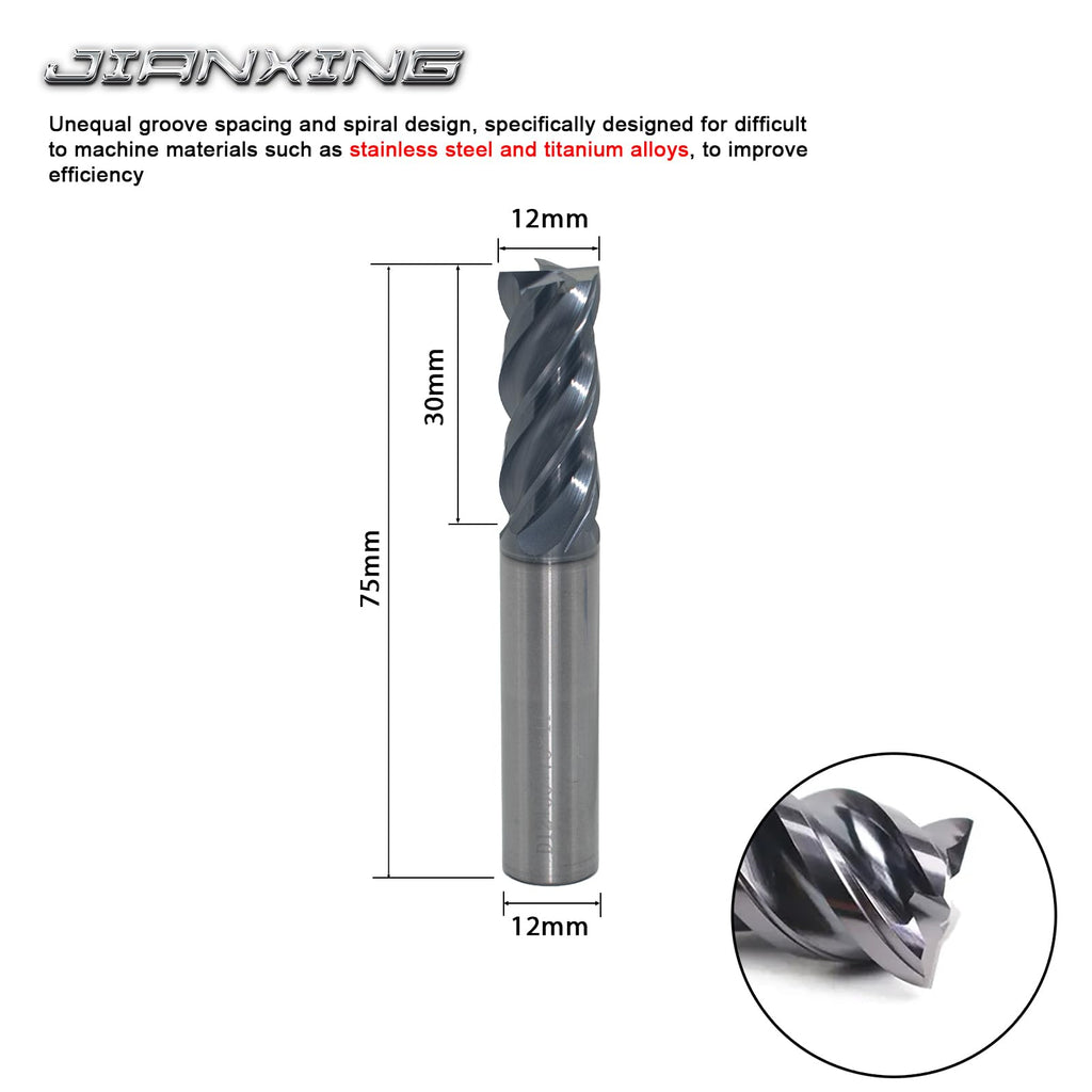 JIANXING 12mm 4-Flute Carbide Square End Mill, 75mm OAL, 1 Pc