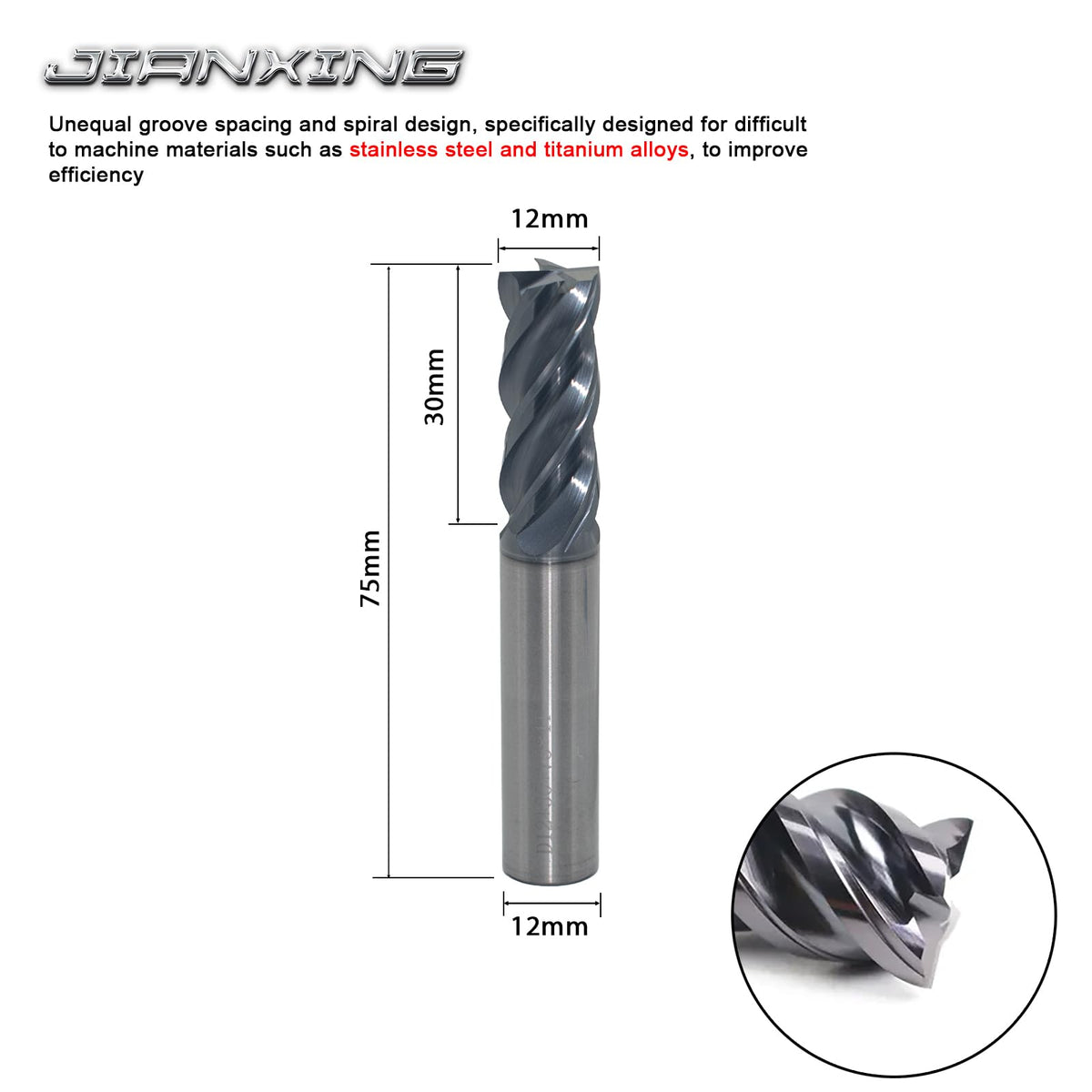 JIANXING 12mm 4-Flute Carbide Square End Mill, 75mm OAL, 1 Pc