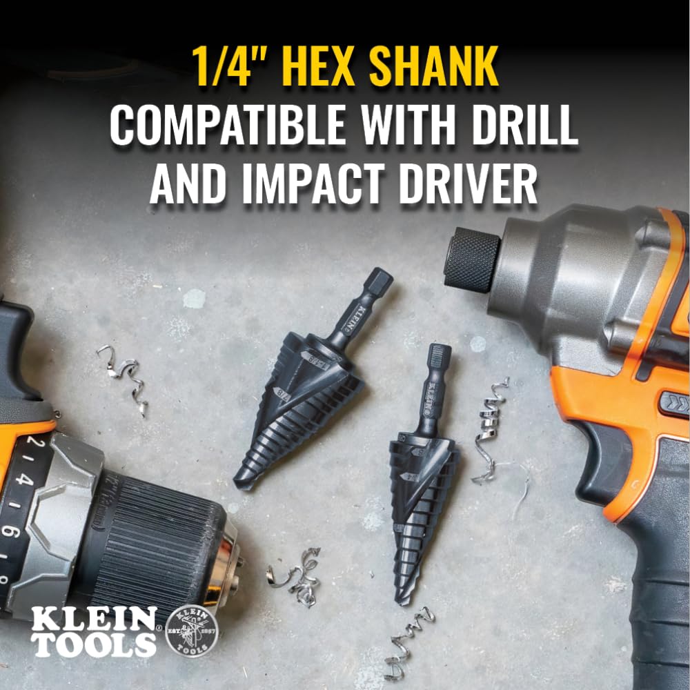 Klein Tools QRST14 Step Drill Bit, Quick Release, Spiral Double-Fluted, 3/16 to 7/8-Inch, Hex Shank, Cut Steel, Wood, Plastic, Aluminum