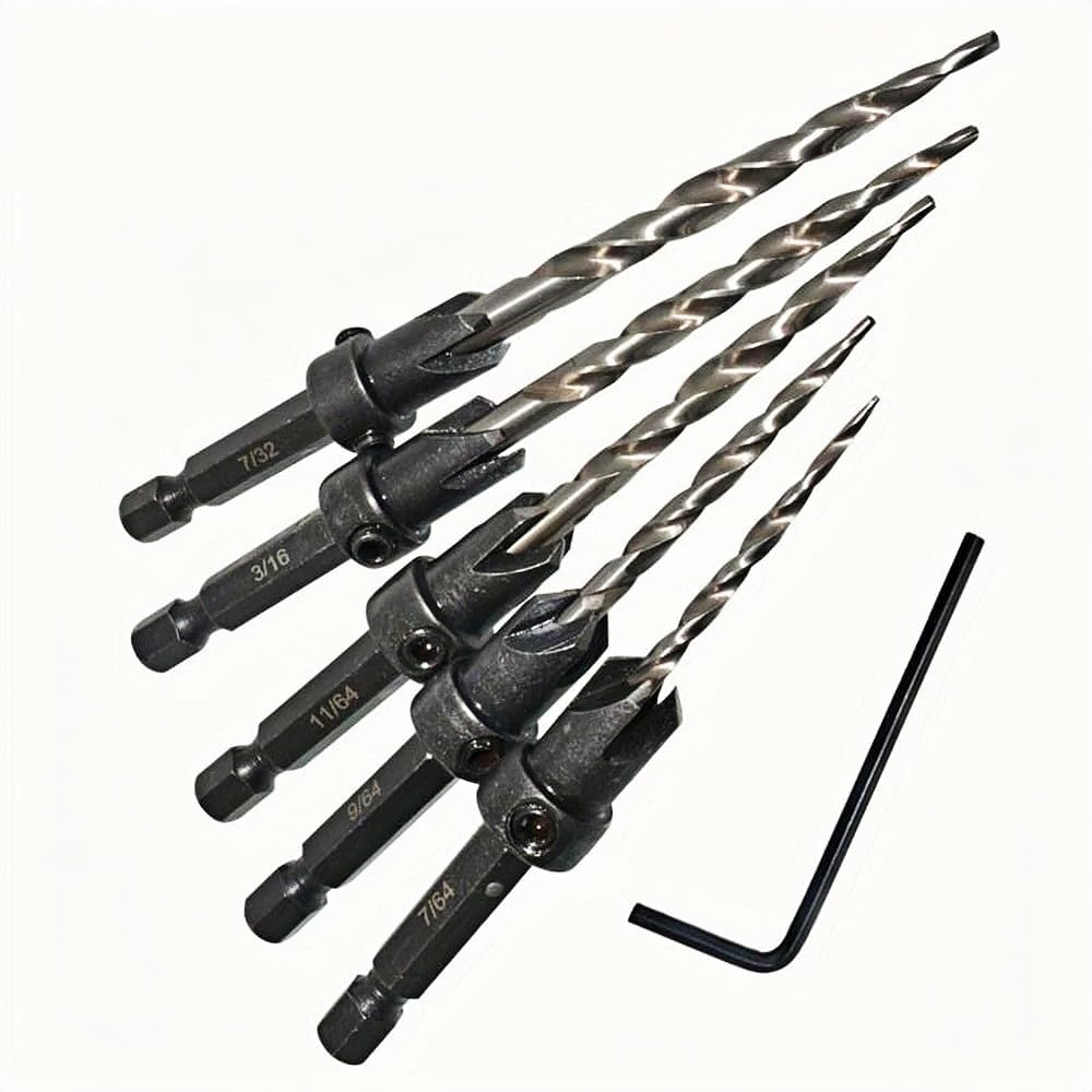 Socoje 5PCS Woodworking Countersink Drill Bits Set, Tapered Drill Bits Countersink HSS Conical Countersink with 1 Hex Wrench Woodworking Countersink Bit