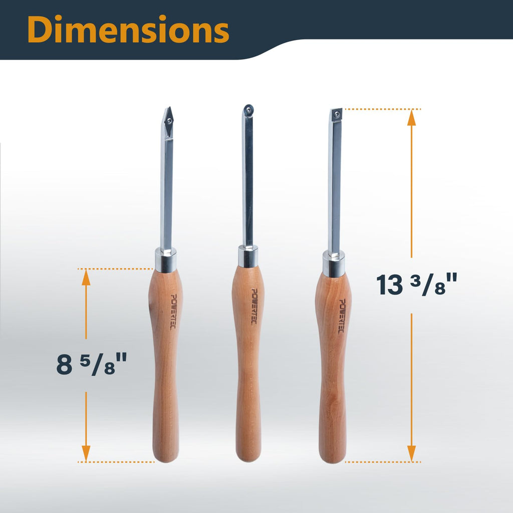 POWERTEC 3 Pcs Carbide Lathe Tools for Woodturning, Wood Lathe Tools with Flat Edge Square, Round and Diamond, T15 Star Key Wrench, Lathe Tools with Replaceable Blade (71825)