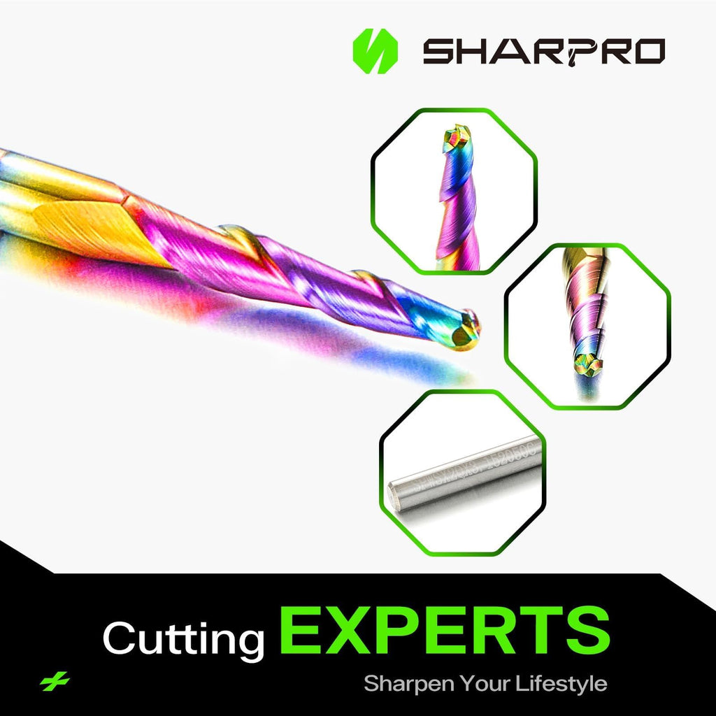 SHARPRO Carbide Tapered Ball Nose End Mill, 1/8" Shank 8° CNC Carving Router Bit 2mm Tip (R1 Radius), Spiral 2 Flute for Wood Engraving, 3D/2D Milling, Quark Coated