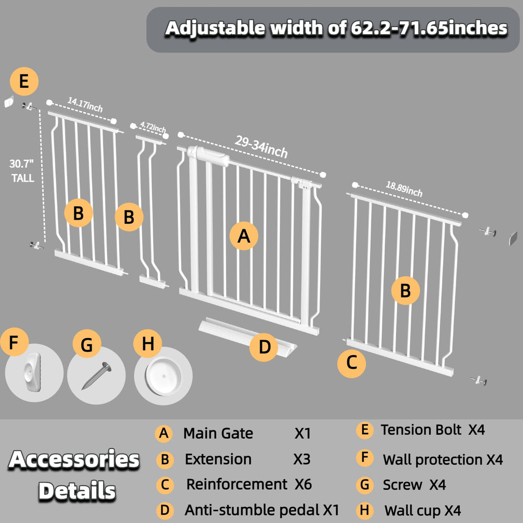 62.2-71.65" Extra-Wide Adjustable Hardware/Pressure-Mounted Pet & Child Safety Gate with Dual-Lock Walk-Through Swing Door for Stairs, Hallways & Wide Doorways