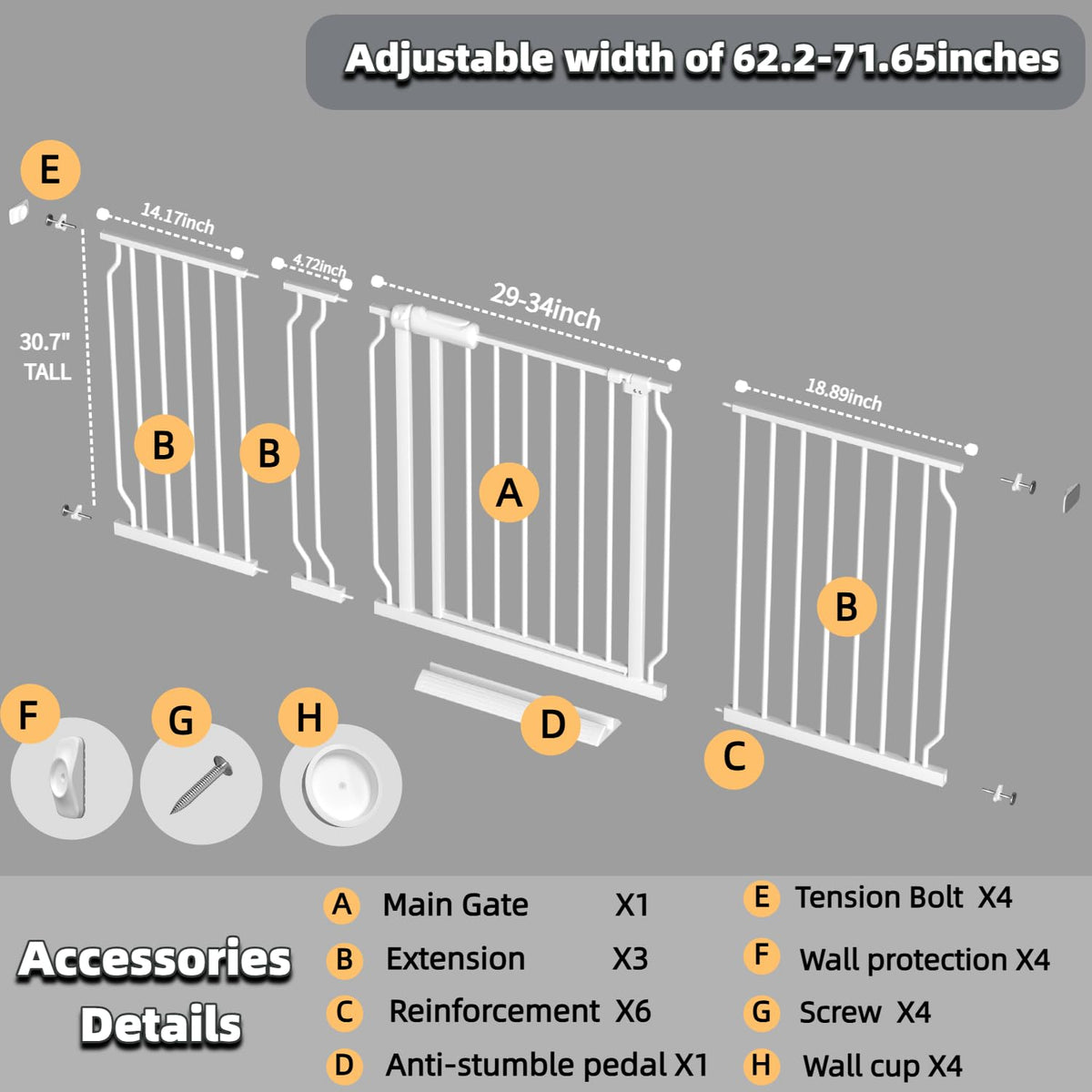 62.2-71.65" Extra-Wide Adjustable Hardware/Pressure-Mounted Pet & Child Safety Gate with Dual-Lock Walk-Through Swing Door for Stairs, Hallways & Wide Doorways