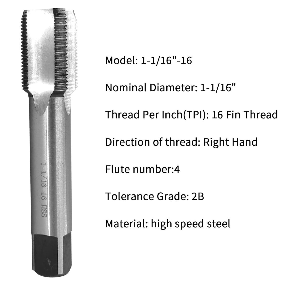 1-1/16"-16 Tap, UN, Right Hand, Straight Flute, 4 Flute