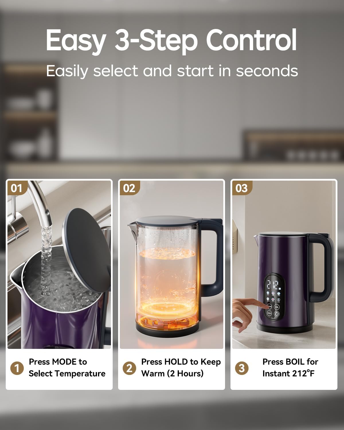 1.7L Stainless Steel Electric Kettle with Temperature Control – Purple | 5 Preset Temperatures for Tea & Boiling