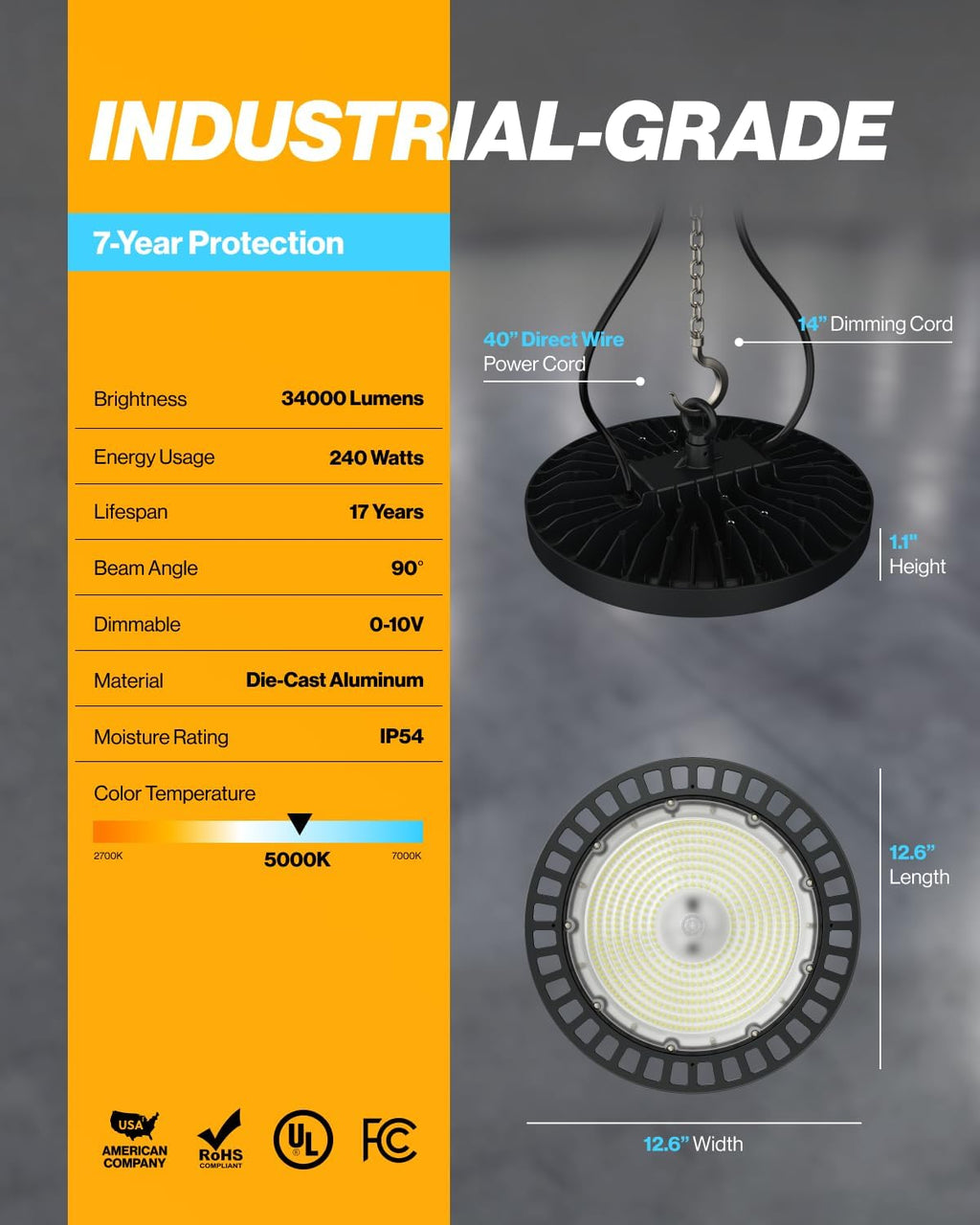 Sunco 6 Pack UFO LED High Bay Light, 240W, 5000K, 34800LM, Dimmable
