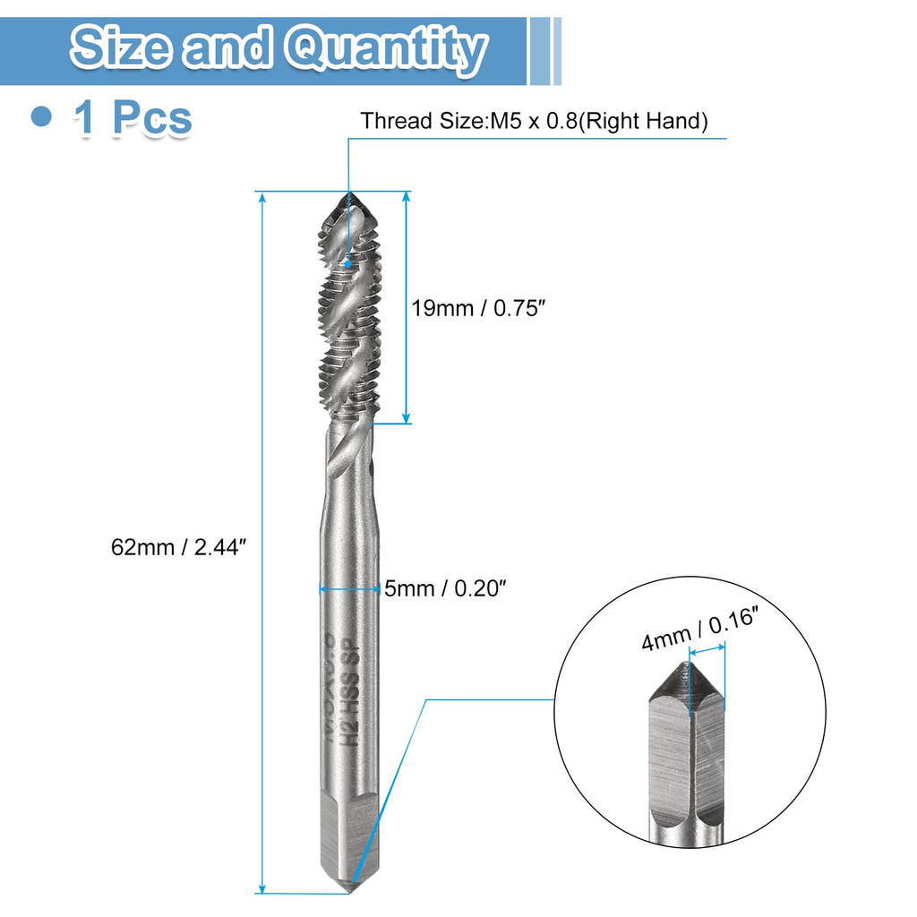 uxcell Spiral Flute Thread Taps M5 x 0.8 H2 Metric Machine Threading Tap Bit, Uncoated Screw Tapping Repair Tool, M2 High-Speed Steel (HSS)