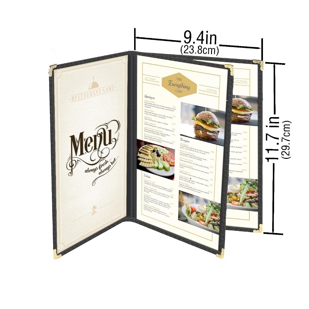 Cafe-Style Menu Covers, 3Pages/6Views Standard 8.5''x 11” Menu Holders, Durable Double-Stitched Edge, Crystal Clear