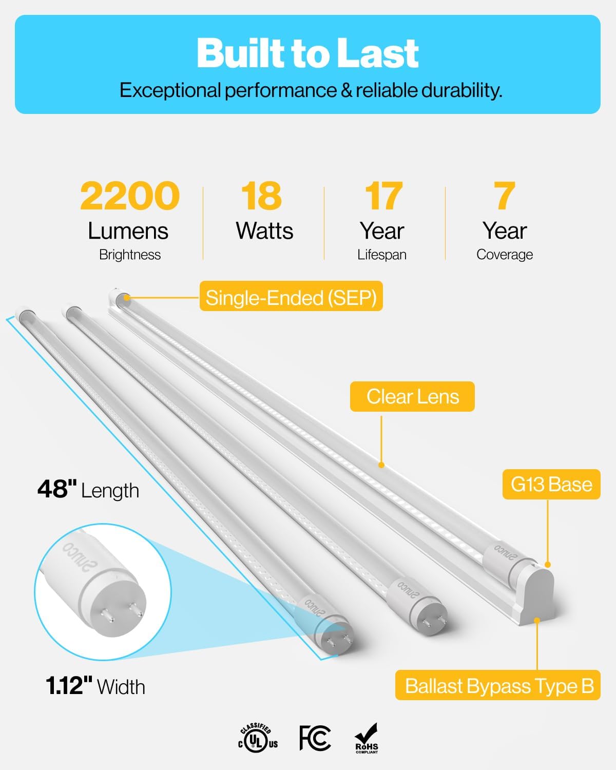 Sunco Lighting 100 Pack T8 LED 4FT Tube Light Bulbs Ballast Bypass Fluorescent Replacement, 5000K Daylight, 18W, Clear Cover, Retrofit, Single Ended Power (SEP), Commercial Grade – UL