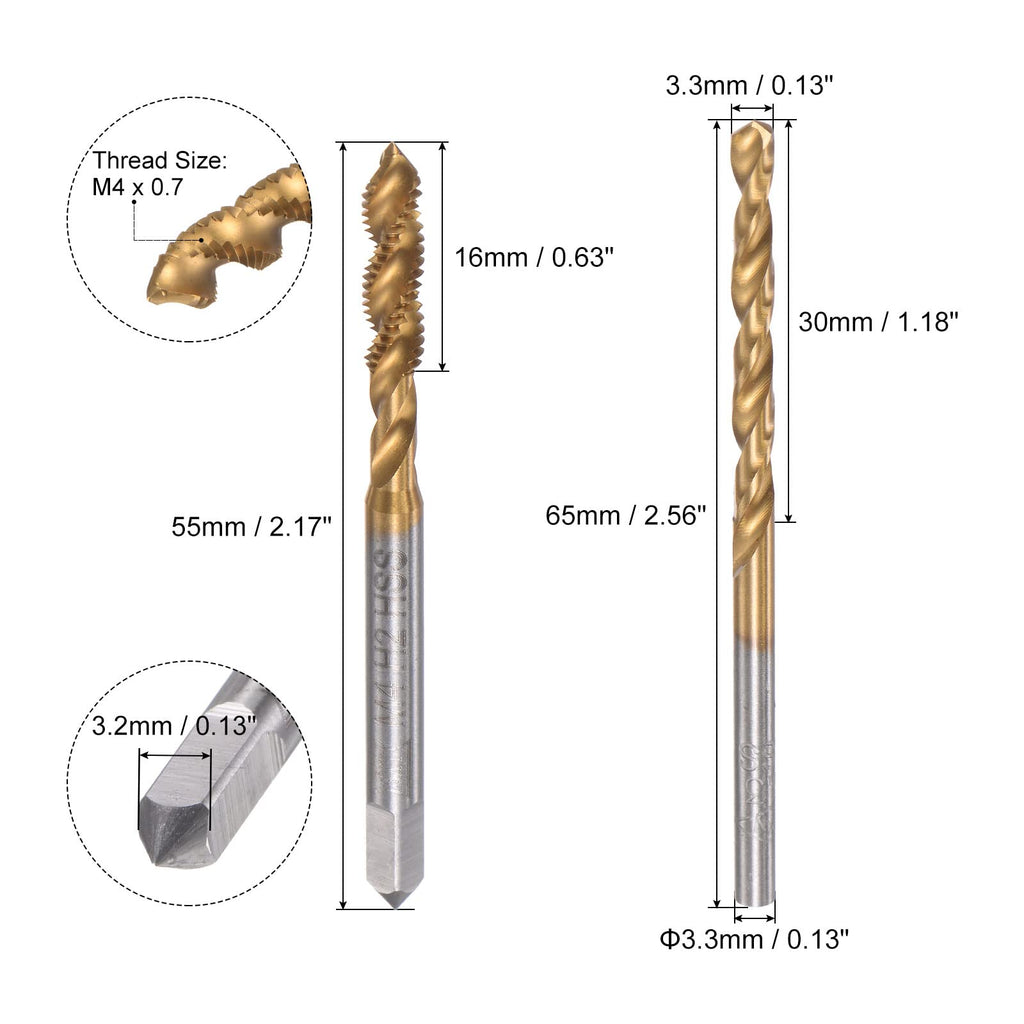 uxcell M4 x 0.7 Spiral Flute Tap and 3.3mm Twist Drill Bit Set, Metric Titanium Plated 6542 High Speed Steel Machine Threading Screw Thread Tap Drilling Tool