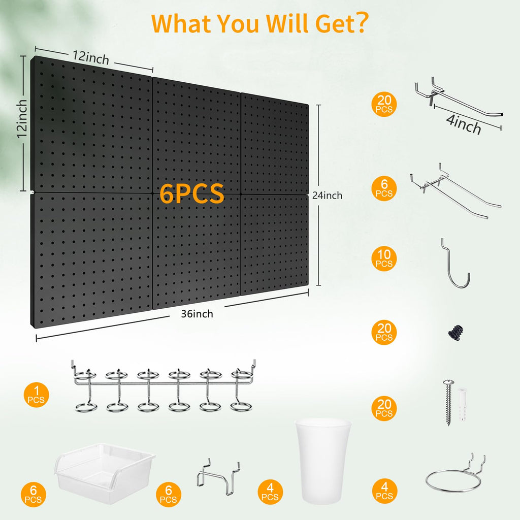 Peg Board Wall Organizer Kit. Heavy Duty, 82PCS Metal Pegboard, Black, 36 * 24
