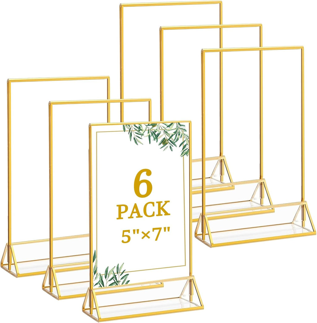 6 Pack 5x7 Inch Clear Acrylic Sign Holders, Gold Border Double-Sided Vertical Picture Frames & Display Stands for