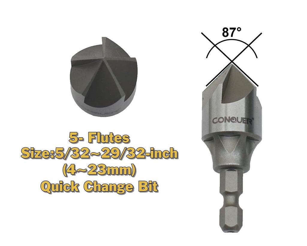 CONQUER 5 Flute Metal Countersink Drill Bit, 1/4" Hex Shank, 5/32"-29/32"