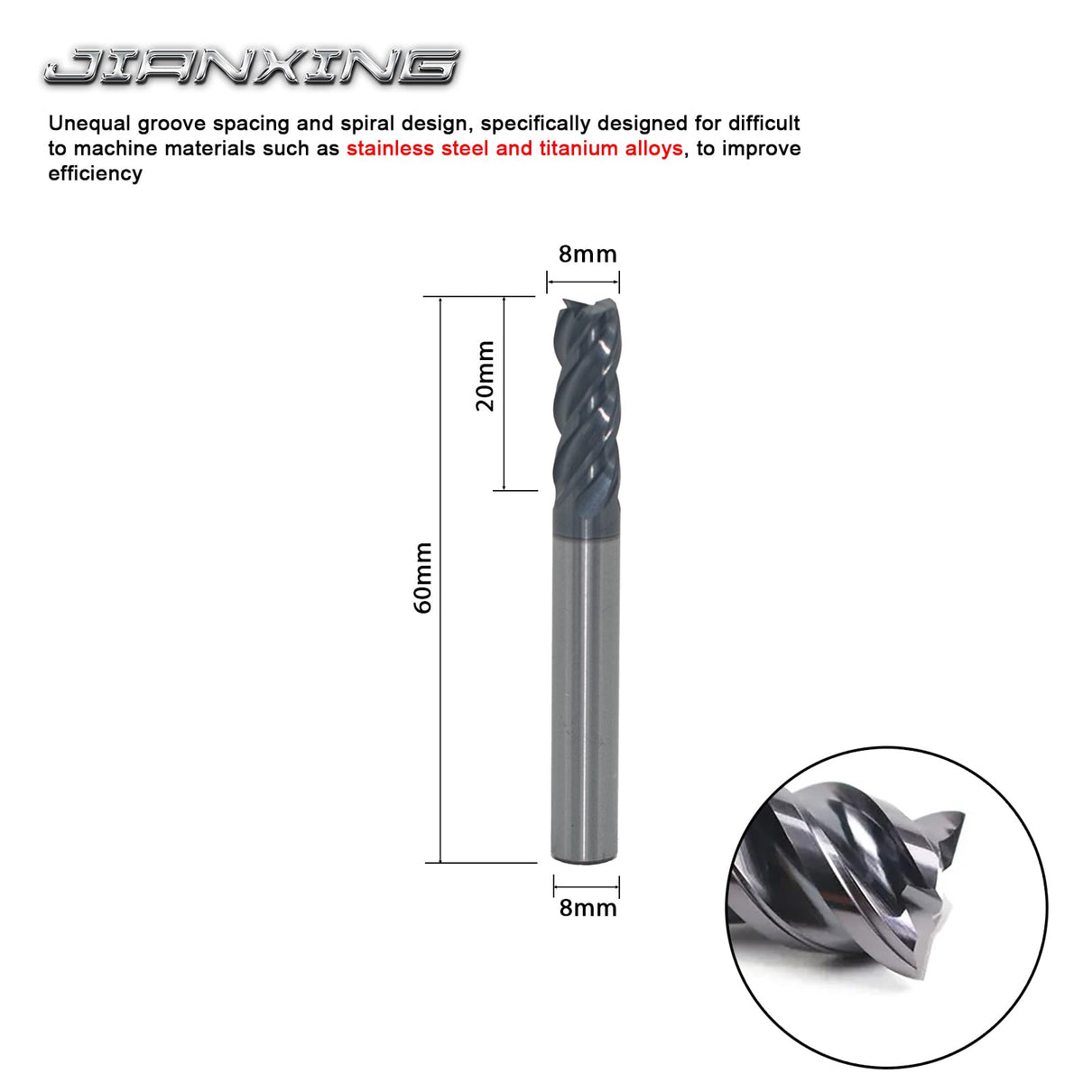 JIANXING 8mm 4-Flute Carbide Square End Mill, 60mm OAL, 1 Pc