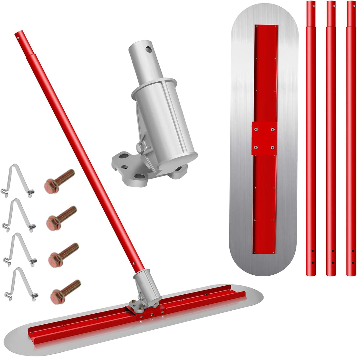 48''x12'' Round End Bull Float Concrete Kit, Stainless Steel Fresno Trowel with Adjustable Bracket, 4 Aluminum 60''