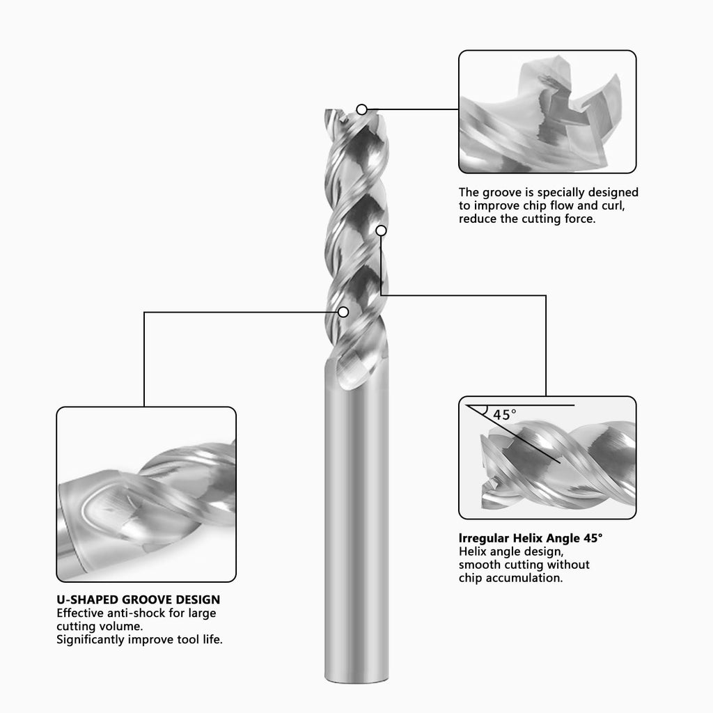 AYCHOLIZ Carbide Square End Mill - 3 Flute 5mm Milling Cutter - High Feed U-Type Design - for Roughing and Finishing - for Milling Aluminum Applications – Professional Mill Bits Sets