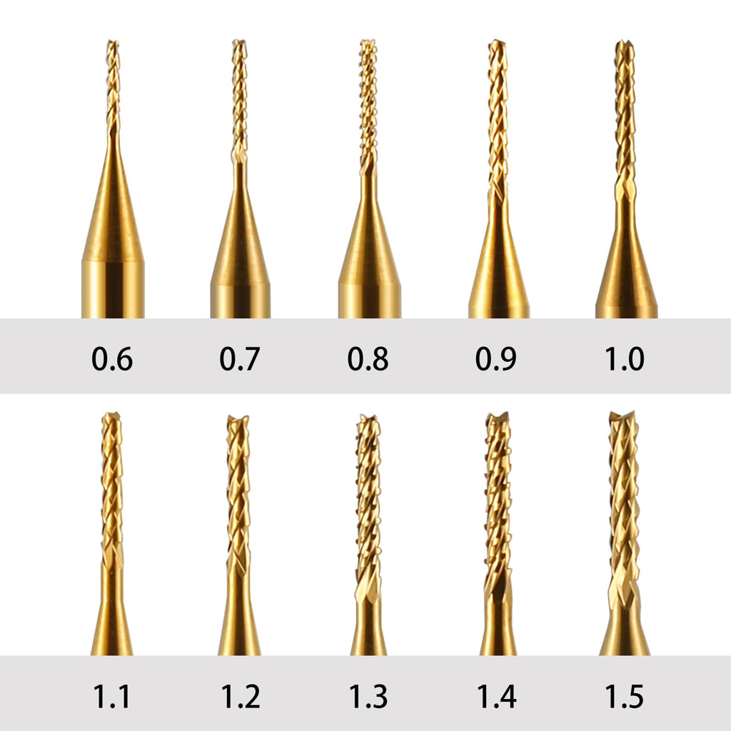 End Mill Sets, 10Pcs Titanium Coat, 1/8" Shank 0.6-1.5mm Micro Engraving Bits CNC Router Bits for Rotary Tools
