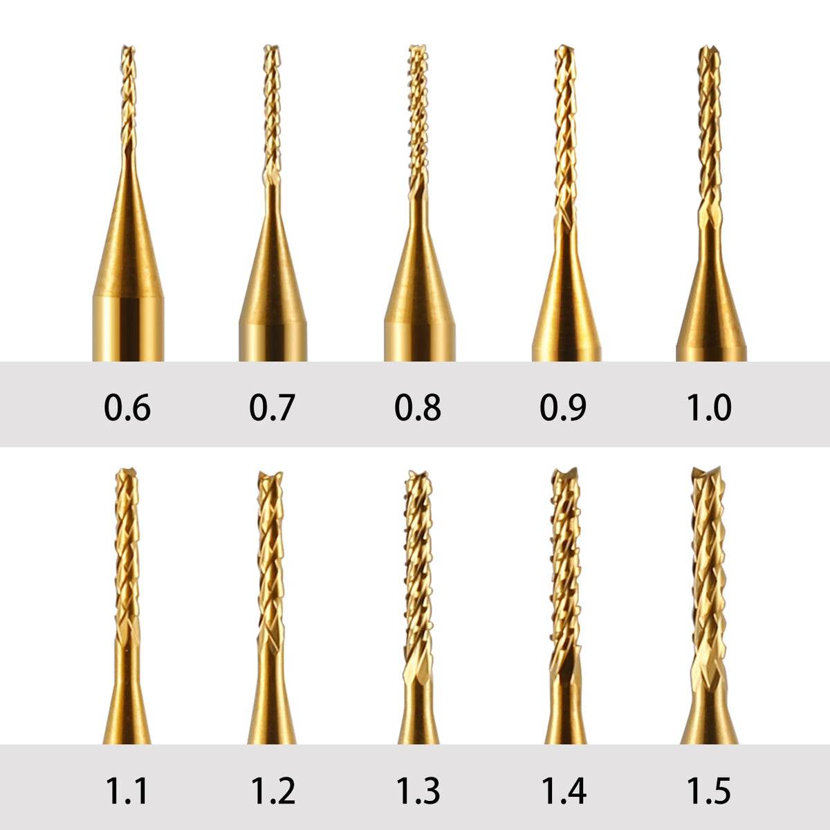 End Mill Sets, 10Pcs Titanium Coat, 1/8" Shank 0.6-1.5mm Micro Engraving Bits CNC Router Bits for Rotary Tools