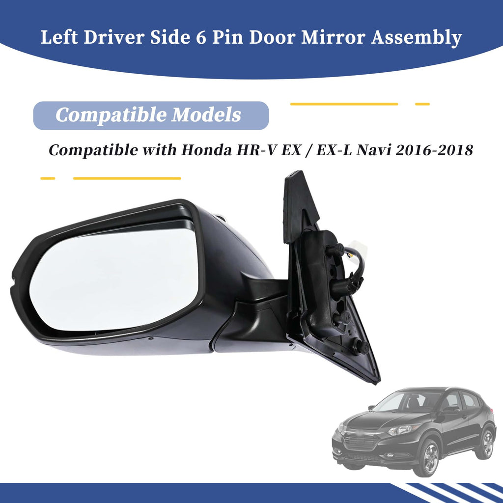Getfarway Left Driver Side 6 Pin Door Mirror Assembly Fit for Honda HR-V EX/EX-L Navi 2016 2017 2018 Heated Power Glass Turn Signal Light Manual Folding Door Mirror Replaces 76258-T7W-A52