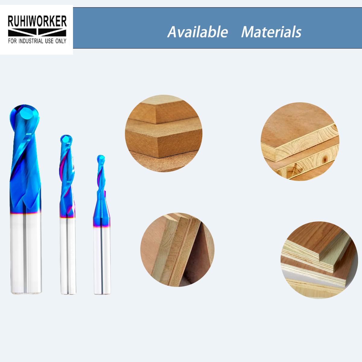 RUHIWORKER 3PCS B3460U Ball Nose End Mill CNC Router Bits 1/2 inch Shank 1/4 inch Shank 2D and 3D Carving Nano Blue Coated Up Cut Lettering Sign Making