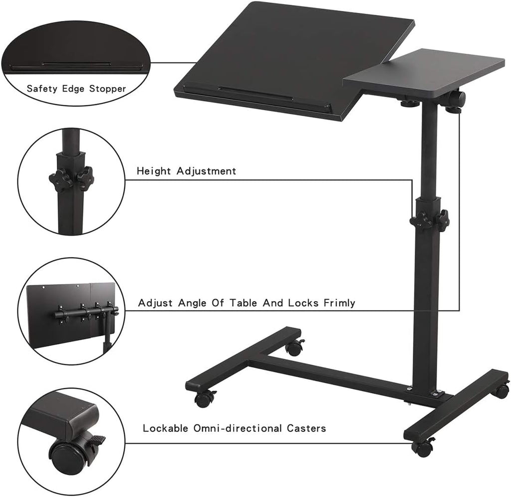 Overbed Bedside Desk Mobile Rolling Laptop Stand Tilting Overbed Table with Wheels Height Adjustable Tray Table for