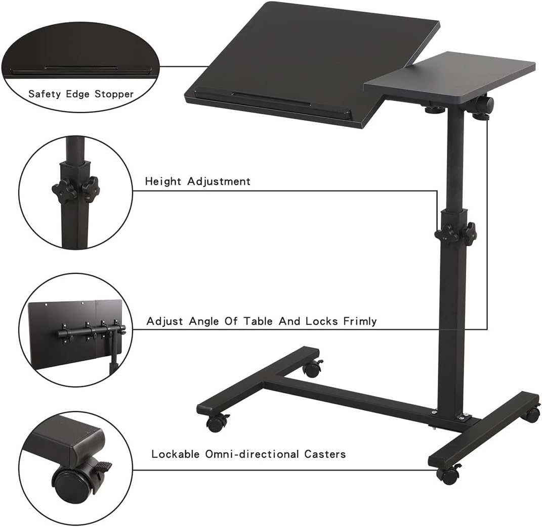 Overbed Bedside Desk Mobile Rolling Laptop Stand Tilting Overbed Table with Wheels Height Adjustable Tray Table for