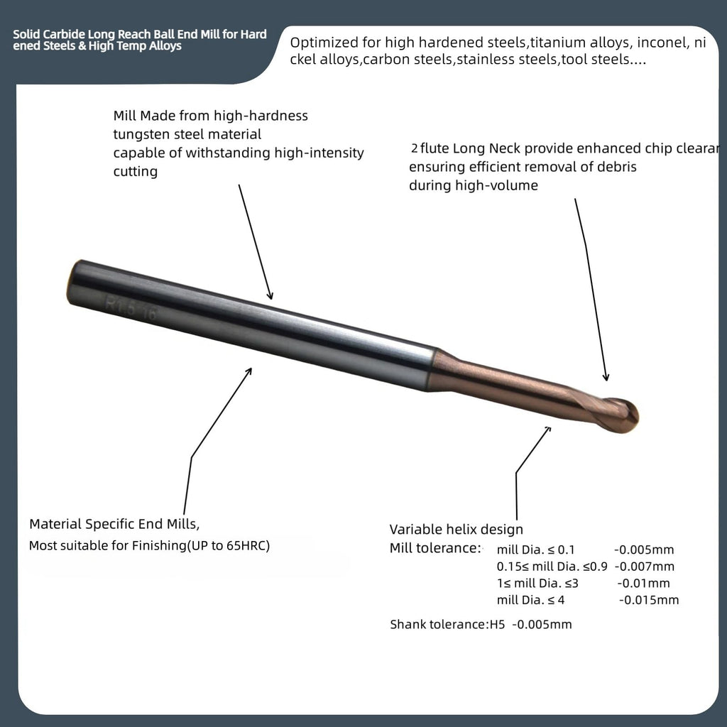 WKSTOOL 0.2mm Mill Dia 2Flutes Long Reach Neck Solid Carbide Ball Nose Mill Cutter Deep Cavity Milling CNC Router Bit for Hardened Steels