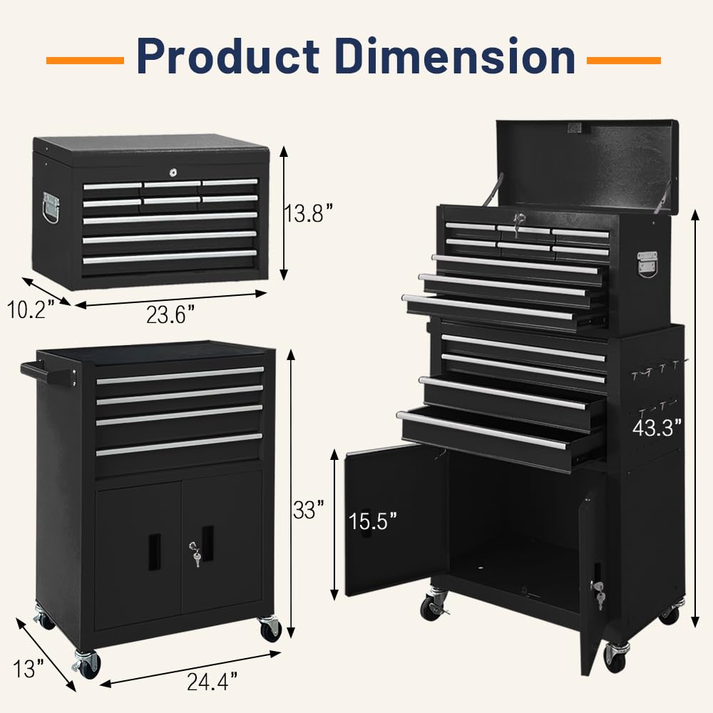 13-Drawer Double Door Rolling Tool Chest, 2 in 1 Detachable Tool Chest,Tool Box with Drawers and Wheels, Large Tool