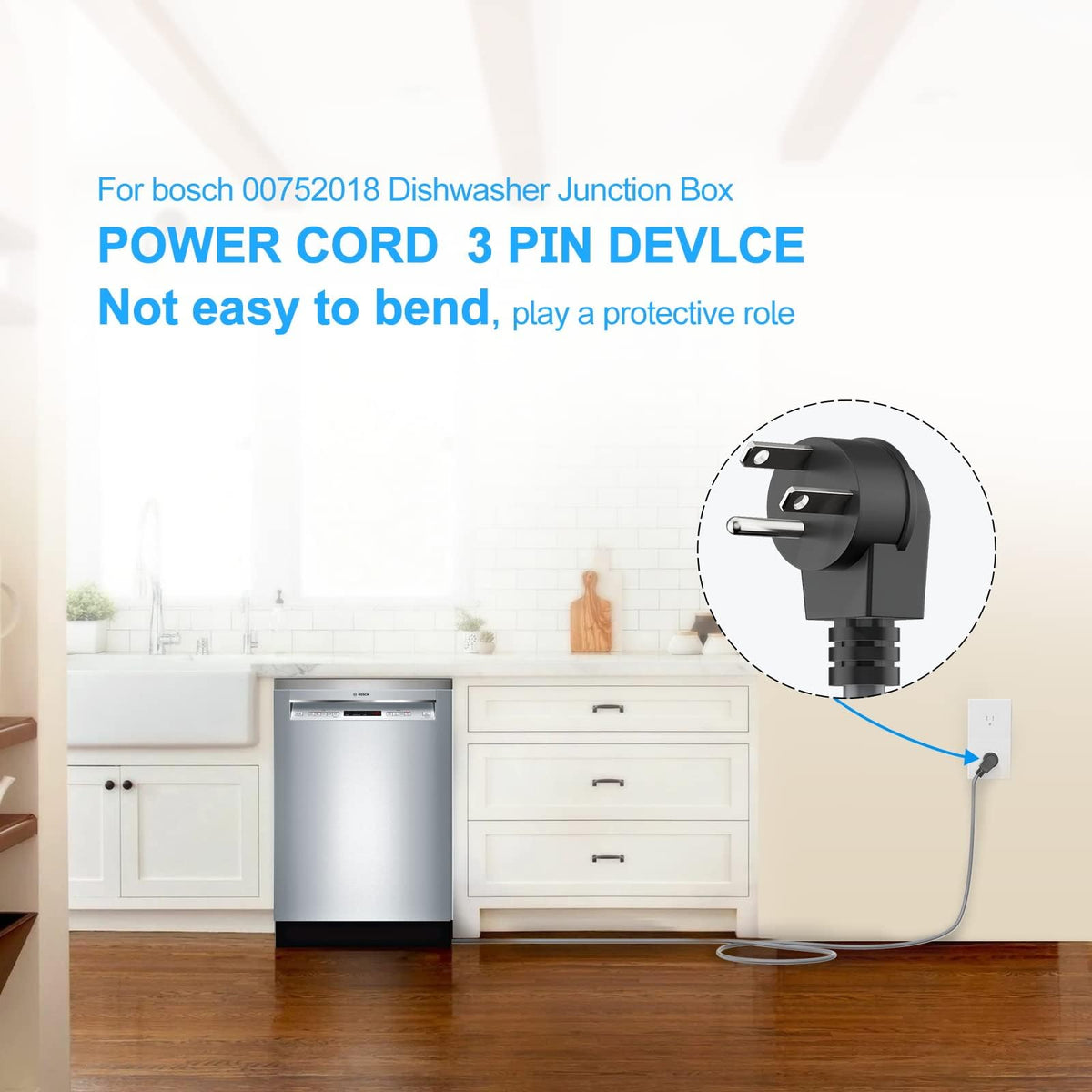 VHBW for Bosch Dishwashers Power Cord SMZPC002UC-00747210, Compatible with 24'' Bosch 800/300/500 Series Power Cord, Works with 00752018 Junction Box Plug Adapter (10A-18AWG)