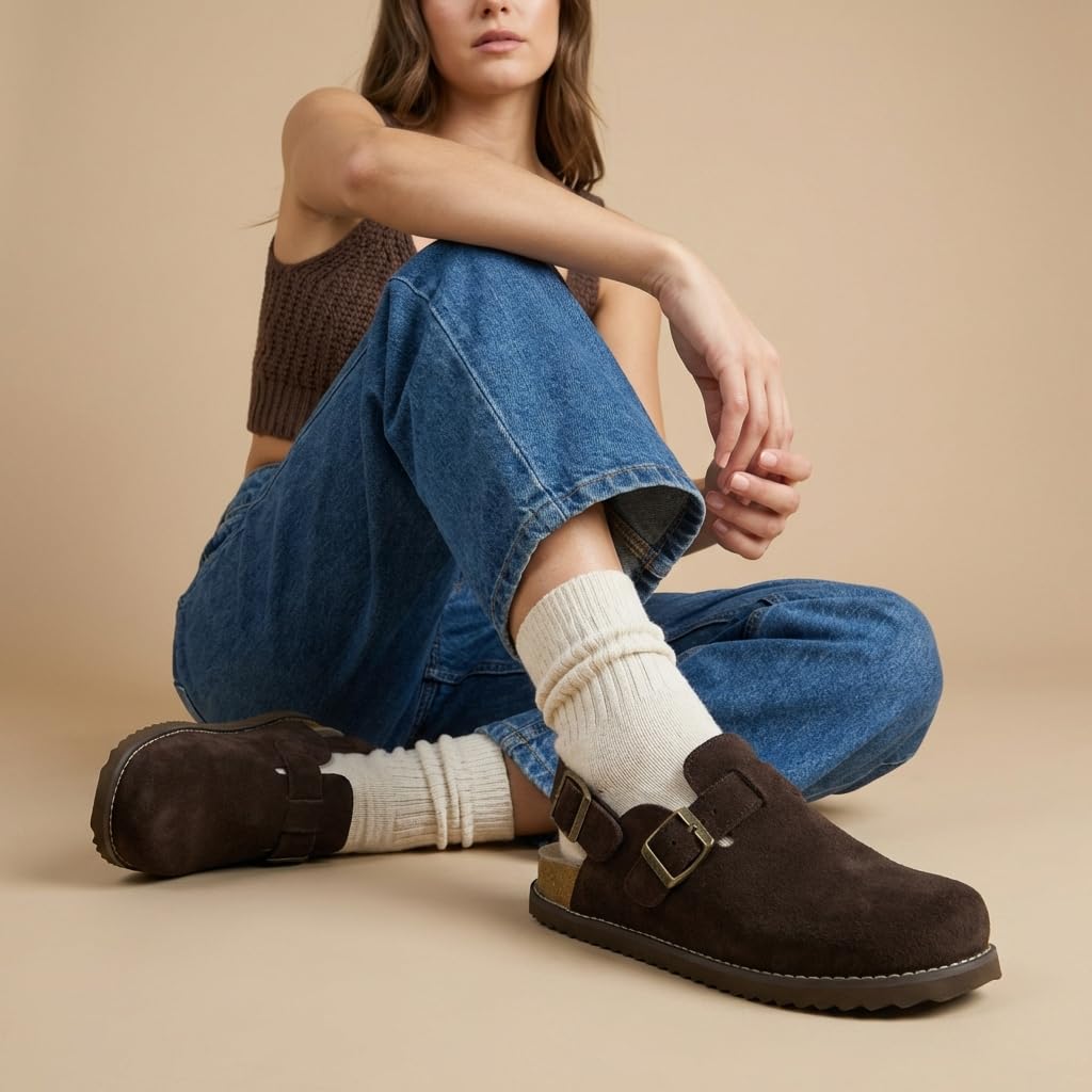 Brooklyn Genuine Suede Slingback Clogs for Women with Buckle,Chocolate 8W