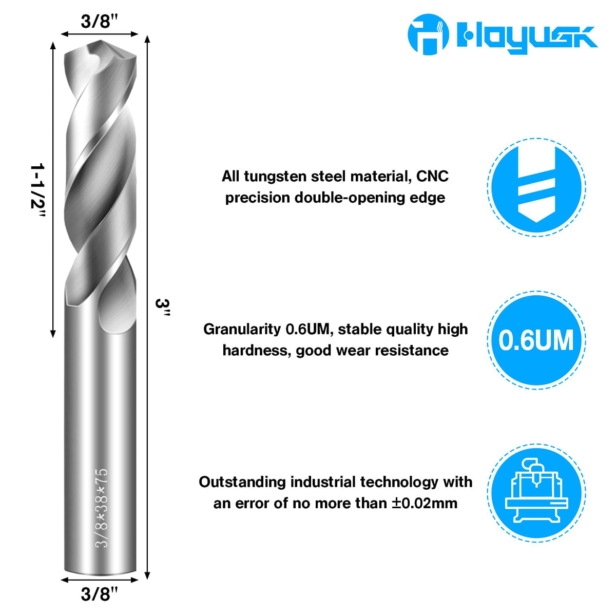 3/8" Drill Bits Solid Carbide Drill Bits, Tungsten Carbide Drill Bit Set, Metal Drill Bit Set for Stainless Steel Hardened Steel Cast Iron Alloy Copper, 1Pcs