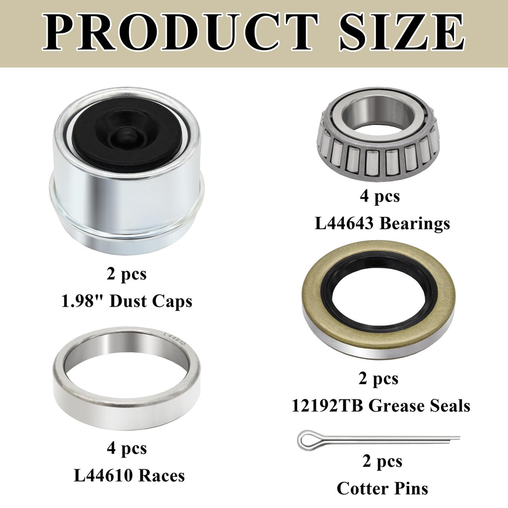 2 Sets 2000-2200lb Trailer Bearing Kit, L44643/L44610 Bearing Kits with 12192TB Grease Seals, 1.98" Dust Caps and Cotter Pins for 1'' Axles Trailer Wheel Hub