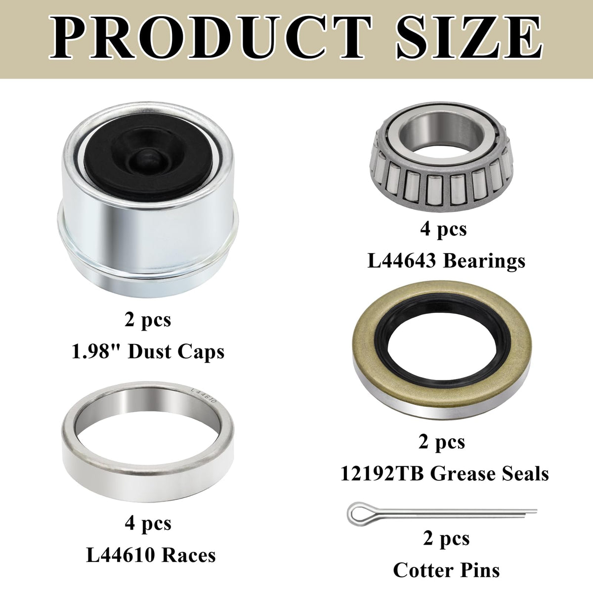 2 Sets 2000-2200lb Trailer Bearing Kit, L44643/L44610 Bearing Kits with 12192TB Grease Seals, 1.98" Dust Caps and Cotter Pins for 1'' Axles Trailer Wheel Hub
