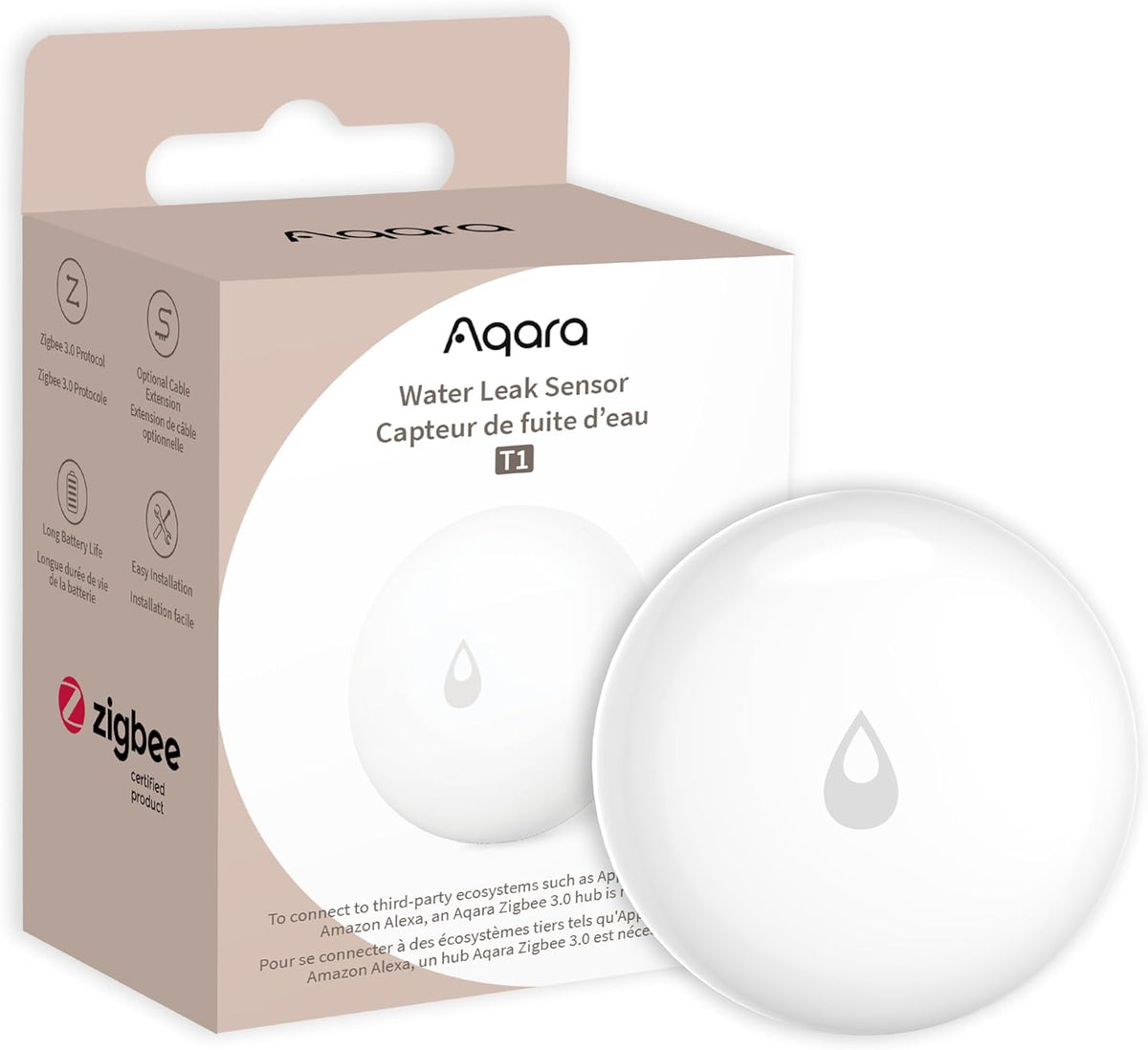 Water Leak Sensor T1, Zigbee Water Leak Detector for Alarm System | Requires AQARA HUB, App Notifications, Smart Home