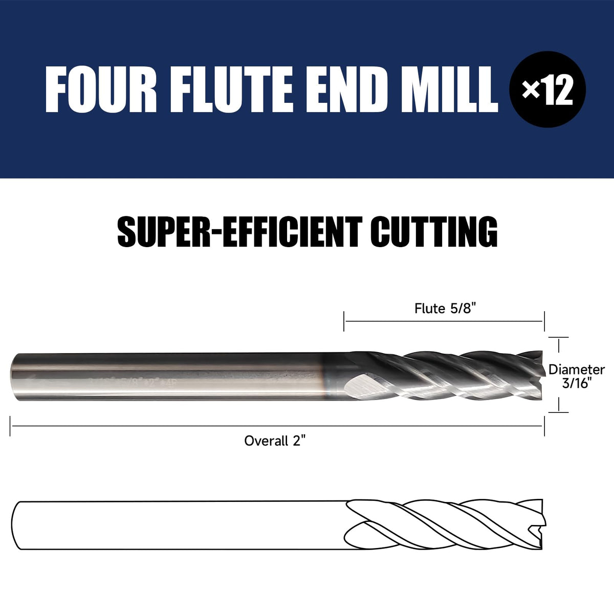 6Pcs 3/16" Carbide Square End Mill 4-Flute TIALN Coated CNC Milling Bits
