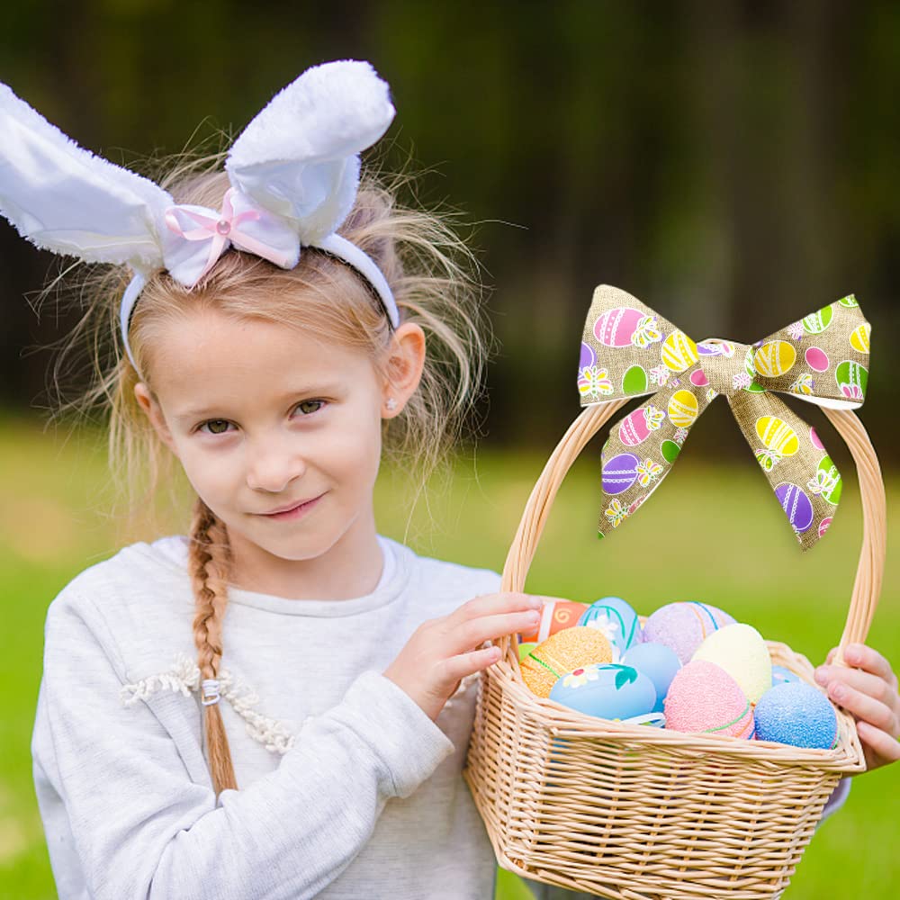 2 Rolls 10 Yards Easter Wired Edge Ribbon, 2.5inch Flaxen Natural Dots Burlap Ribbon Bows for Wreath, Colorful Eggs